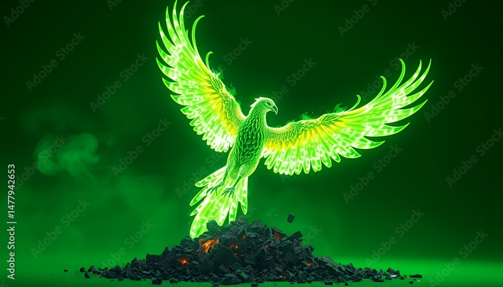 Poster luminous pixelated phoenix soaring above ashes with green screen background for vfx movie game asset
