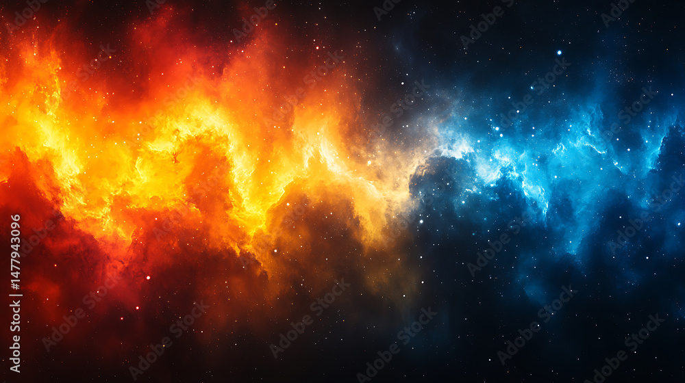 Poster abstract space background with fire and ice nebulae forming a galactic collision of color