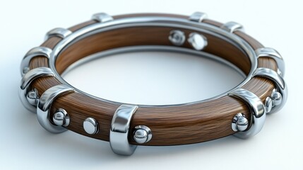 Obraz premium Wooden ring with metal accents. Detailed, circular design with a band of light brown wood, accented by silver-toned metal