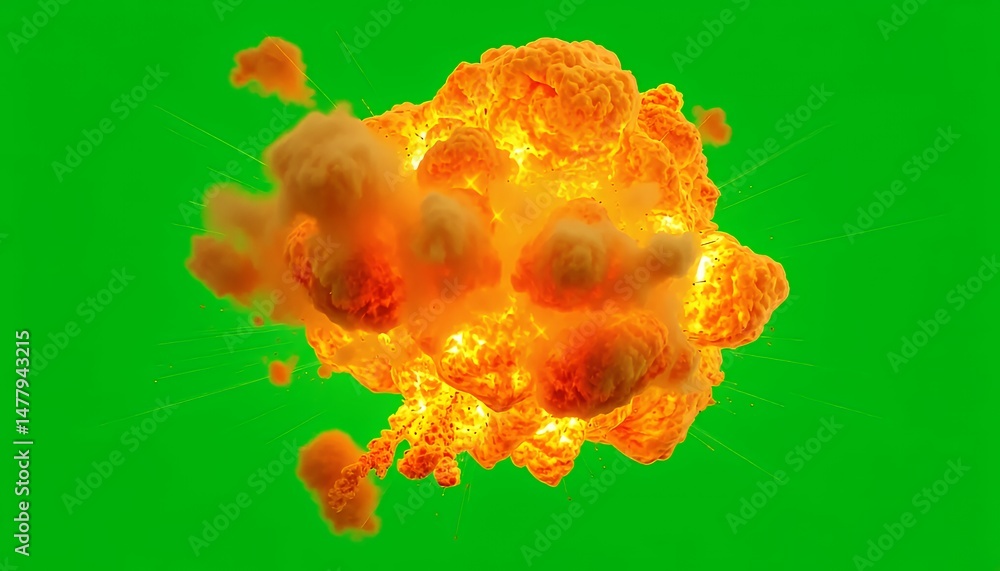 Poster orange explosion isolated on green screen ready for vfx with isolated 3d rendering for movie or game