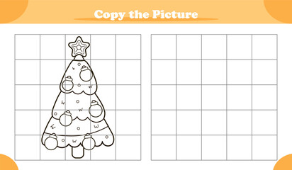 Fun copy-the-image activity game for kids featuring Christmas tree in cartoon style