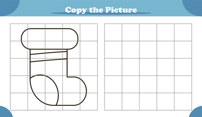 Copy the image activity game for kids with Christmas sock in cartoon style