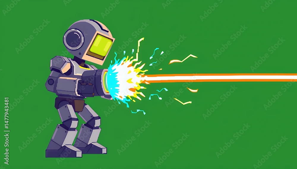 Poster pixel art robot shooting a beam weapon with sparks isolated on green screen ideal for video game cha