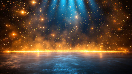 Naklejka premium Abstract space background with golden stars and blue light rays over a reflective surface