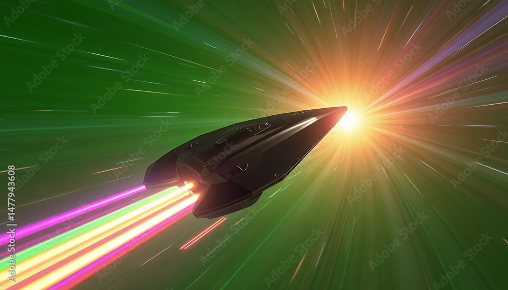 Poster pixelated dark spaceship soaring with colorful trail in hyperspace isolated on green screen backgrou