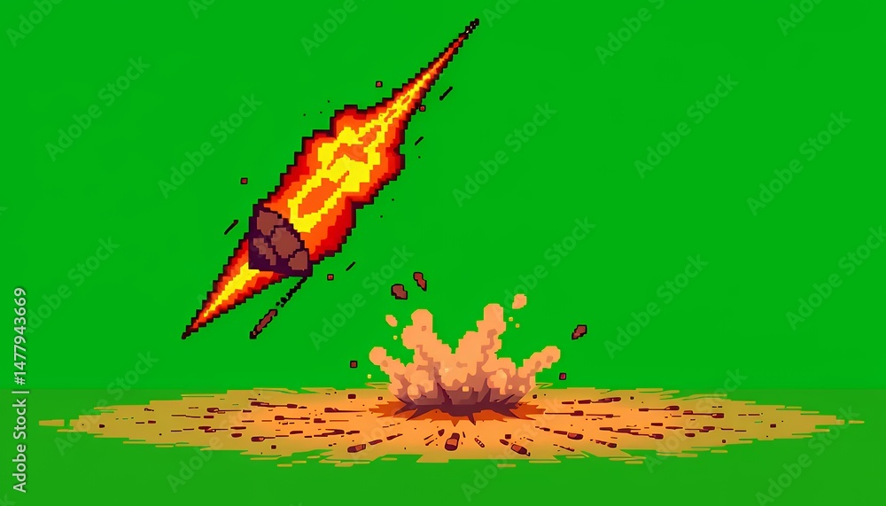 Poster pixelated fire explosion effect isolated on green screen for vfx and game elements featuring fiery p