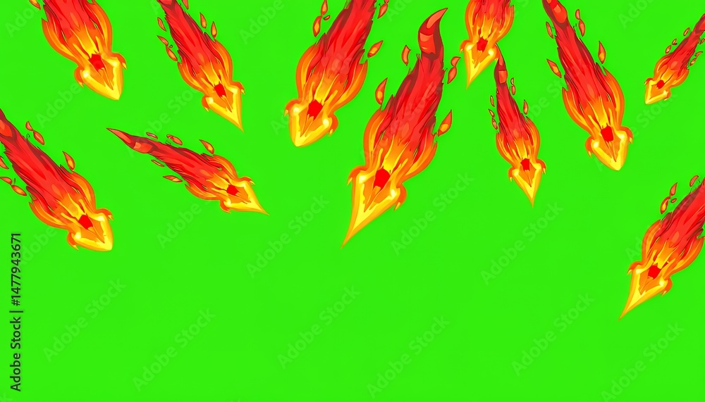 Poster pixelated fiery meteor shower isometric elements isolated on green screen with red and yellow colors