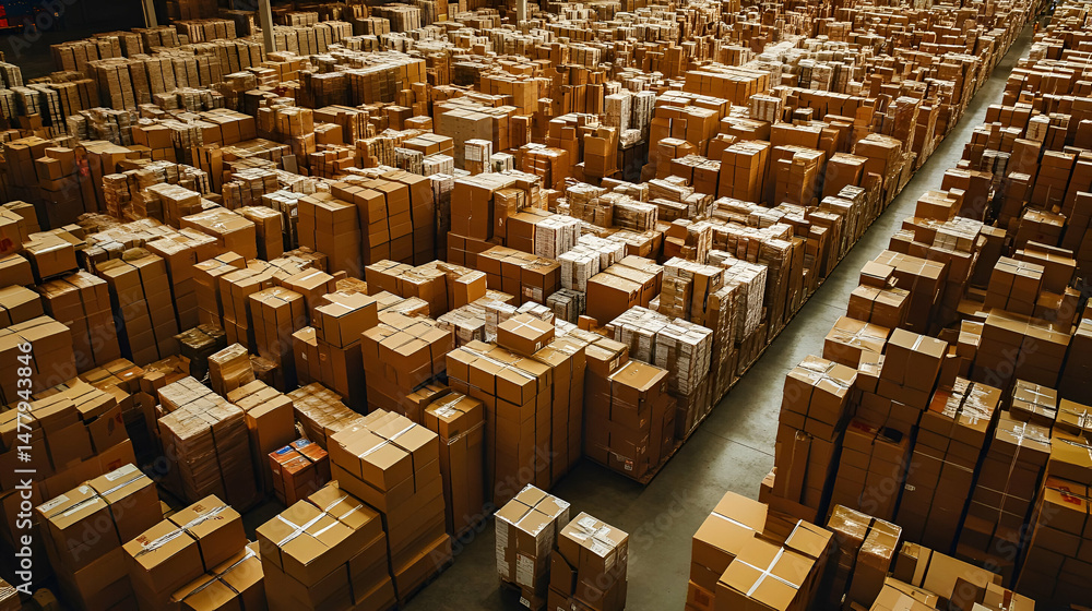 Poster high angle view of numerous cardboard boxes stacked in warehouse aisles