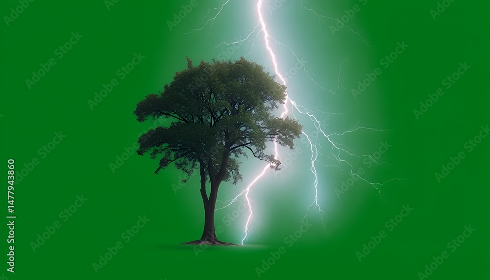 Aufkleber pixelated isometric tree hit by lightning isolated by green screen for visual effects and game asset