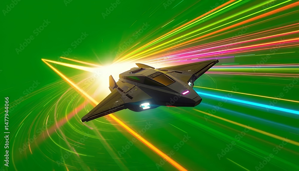 Poster pixelated spaceship flying with light trails on green screen ideal for vfx isometric 3d isolated ele