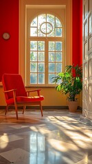 Red armchair, sunlit room