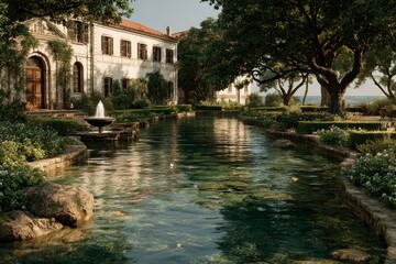 Serene Garden with Reflective Pond and Historical Architecture