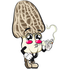Cute Morchella mushroom vektor illustration mascot character smoke calmly, work of hand drawn