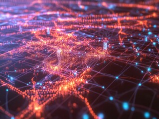 Abstract network map, glowing nodes, interconnected lines.