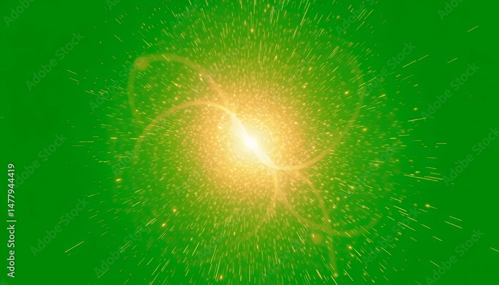 Poster radiant golden light orb with sparkling particles in isometric 3d isolated on green screen backgroun
