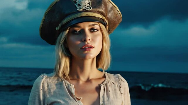 Blond sea captain woman wearing vintage naval hat standing by restless ocean at dusk, thoughtful maritime leadership concept
