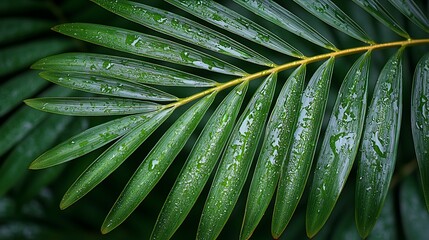 Close-up of vibrant green palm fronds with water droplets