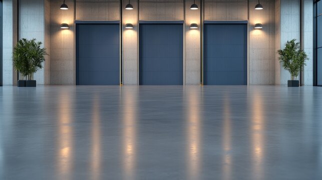 Minimalist interior design with polished concrete and symmetric blue doors