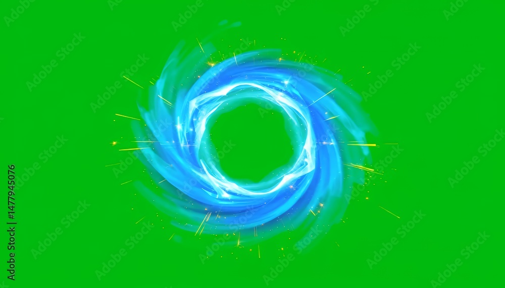 Poster swirling blue energy vortex with golden particles isolated on green screen background isometric 3d r