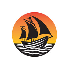 A boat with sunset silhouettes on white background.