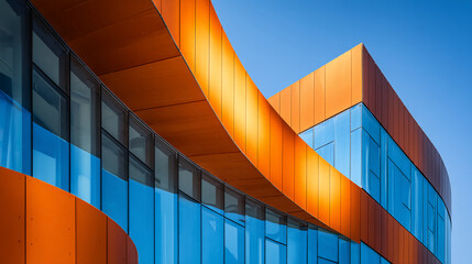 Abstract image of modern building facade with orange metallic panels and blue glass windows, showcasing architectural design and urban modernism