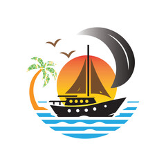 A boat with sunset silhouettes on white background.