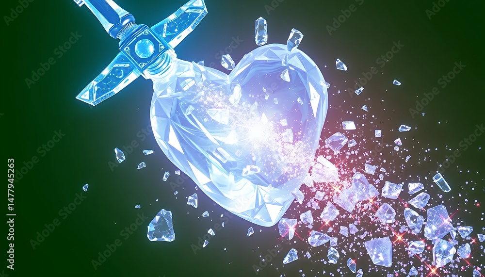 Poster translucent ice heart pierced by crystalline sword isometric 3d animation isolated on green screen b