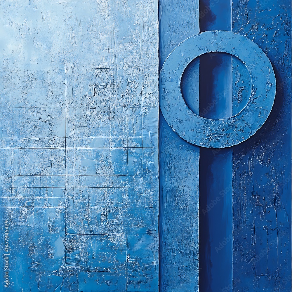 Poster abstract blue geometric structure with textured surfaces and a circular element art concept.