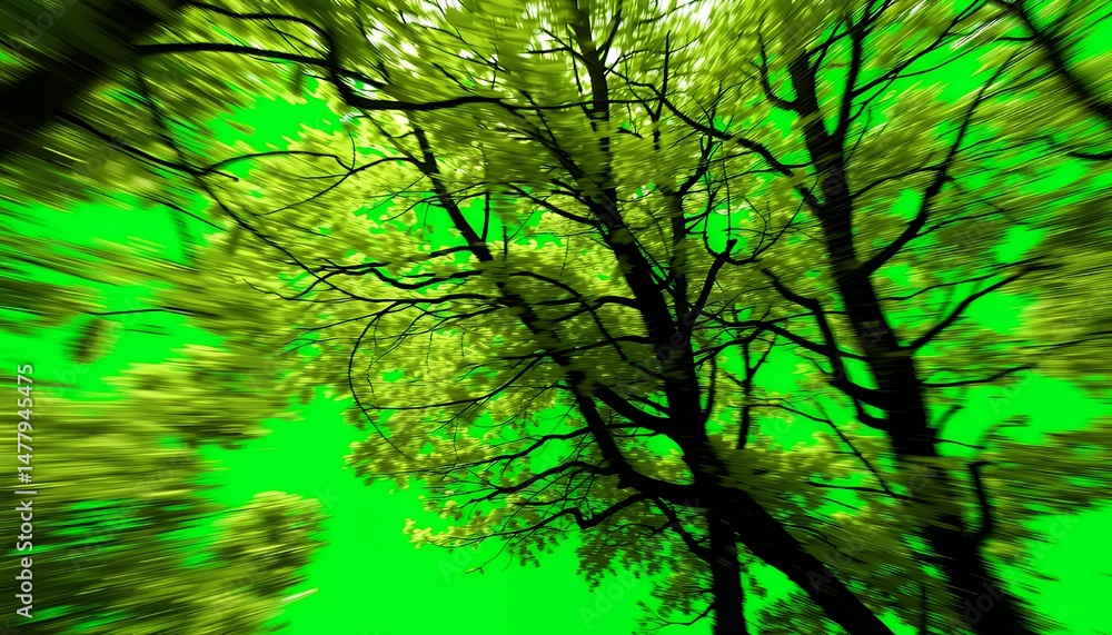 Poster verdant trees ascending to a green screen backdrop in a low angle perspective highlighting lush foli