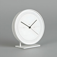 Minimalist white clock on stand, grey background, time management concept, website or home decor