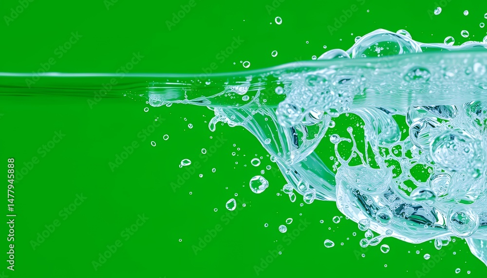 Poster vibrant water splash isolated on green screen for visual effects and movie element with dynamic moti