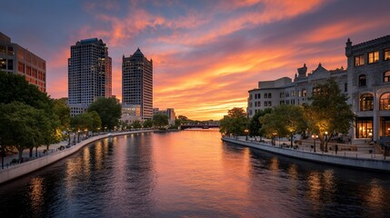 Obraz premium Rivers glow illuminates Milwaukee cityscape