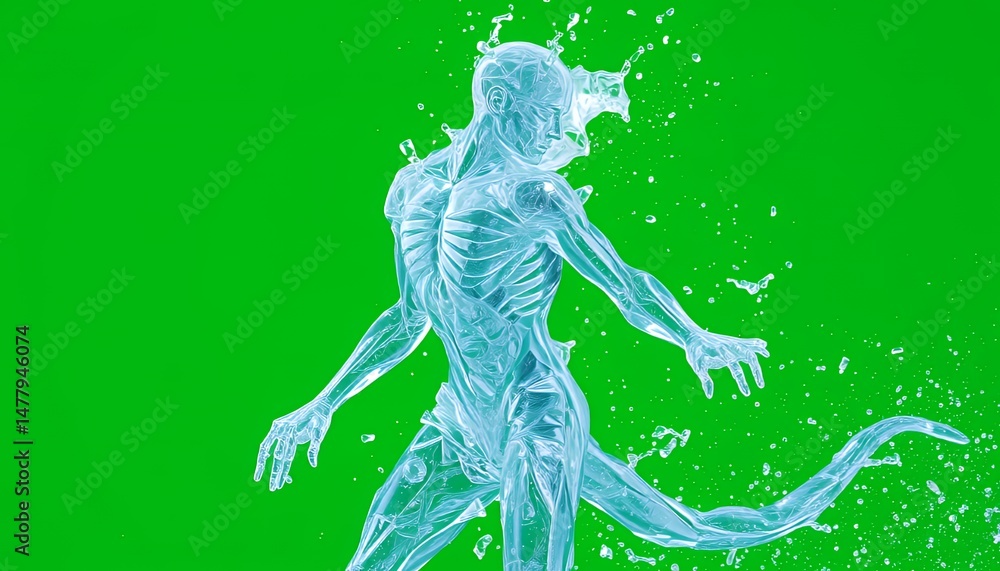 Poster water humanoid 3d rendered figure isolated on green screen with dynamic splash and droplets for vfx 