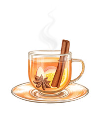 Glass cup and saucer of hot tea. Aromatic hot fruit tea isolated on white background. Apple, lemon, cinnamon, anise tea. Watercolor art.