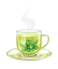 Glass cup and saucer of green mint tea. Aromatic hot herbal mint tea isolated on white background. Watercolor art.