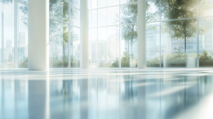Bright Lobby with Glass Walls, Indoor Trees, White Columns, and Reflective Floors