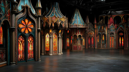 Gothic-style structures with stained glass windows line a dark hall.  Detailed wooden architecture and vibrant colors create an enchanting atmosphere