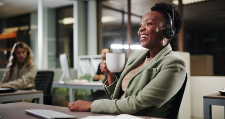 Coffee, happy woman or computer for customer service advice, sales consulting or loan help in night. Call center, financial advisor or finance questions with tea for caffeine beverage or feedback