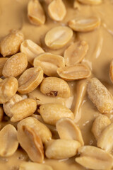 thin wheat bread and soft peanut butter, peanut butter on a piece of bread and peanuts