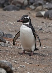 Humboldt penguin preening feathers on rocky beach,  wild,  humboldt penguin,  beach