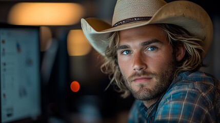 Close-up portrait, man in a cowboy hat