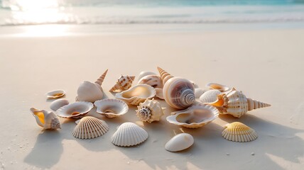 Seashells on the Beach at Sunset: A collection of diverse seashells of varying shapes, sizes, and colors rests on a sandy beach, bathed in the warm glow of the setting sun.