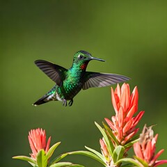 Obraz premium Hummingbird feeding on a red flower in a garden.jpg