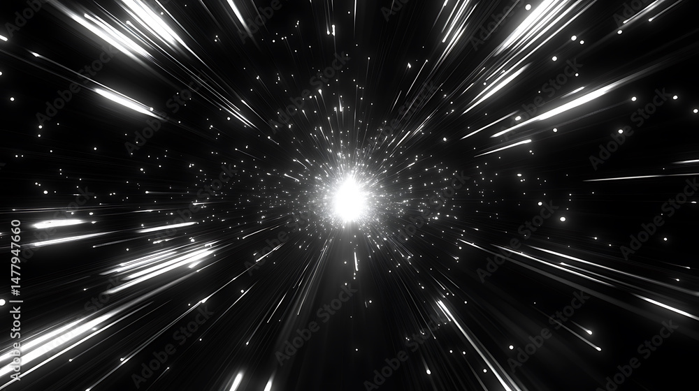 Poster abstract speed of light through space silver particles with glowing core on dark background