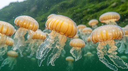 A group of golden jellyfish gracefully swim in a vibrant underwater scene, their translucent bodies illuminated against a lush green backdrop