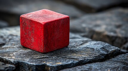Red cube on dark stone