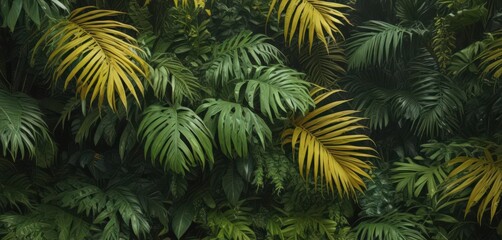 Intricate palm leaves, vibrant greens & yellows, lush texture, foliage, plant background