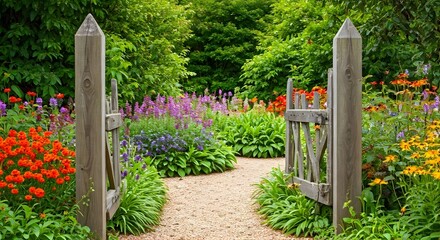 Naklejka premium Rustic garden gate leading into flower beds.jpg