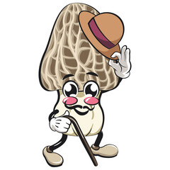 Cute Morchella mushroom vektor illustration mascot character carrying a stick and saluting with raised hat, work of hand drawn