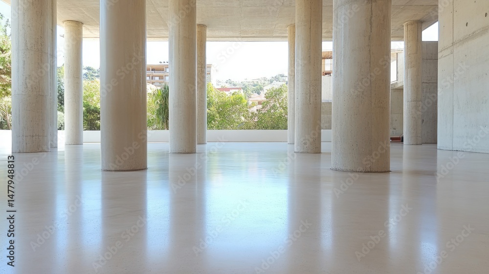 Poster modern architecture interior with concrete columns and glossy floor